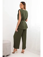 Dámský viskózový komplet s halenkou a širokými kalhotami khaki model 22048843 - K-Fashion
