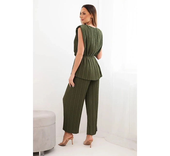 Dámský viskózový komplet s halenkou a širokými kalhotami khaki model 22048843 - K-Fashion