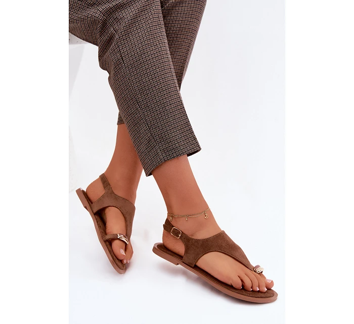 Dámské sandály Ploché S Zlatým Detalem Eko Semiš Hnědé Jelviane
