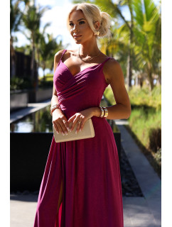 CHIARA - Elegantní dlouhé dámské maxi šaty ve fuchsijové barvě s brokátem na ramínkách 299-19