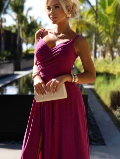 CHIARA Elegantní dlouhé dámské maxi šaty ve fuchsijové barvě s brokátem na ramínkách model 20106506 - numoco