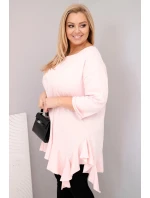 Dámská blůza Plus Size s bavlnou, volánkem a ohrnutým rukávem pudrově růžová