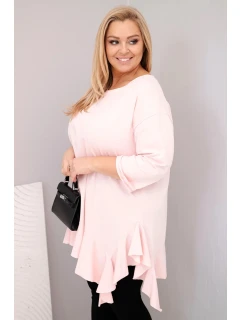 Dámská blůza Plus Size s bavlnou, volánkem a ohrnutým rukávem pudrově růžová