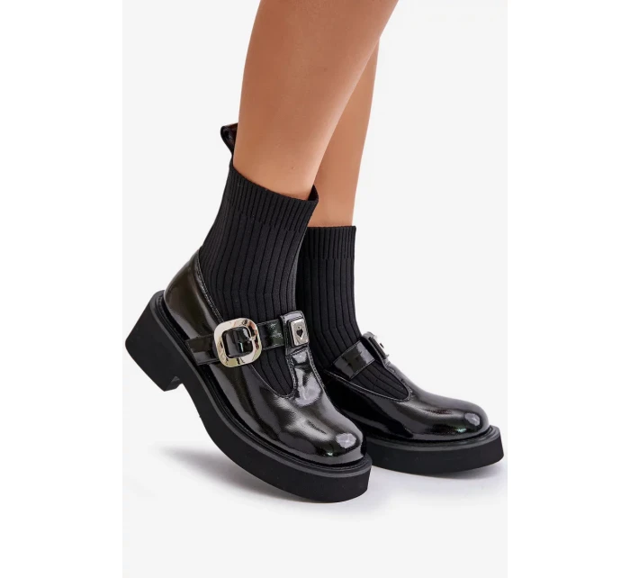 Lakované Kotníkové Boty Se Ponožkou A Přezkou Nazouvací Černé Lakované Kotníkové Boty Se Ponožkou A Přezkou Nazouvací Černé