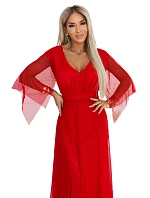 655-5 Dlouhé světlé třpytivé šaty s výstřihem a průhlednými rukávy - červené