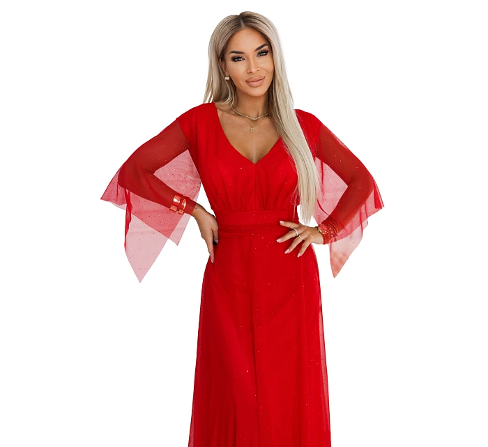 655-5 Dlouhé světlé třpytivé šaty s výstřihem a průhlednými rukávy - červené