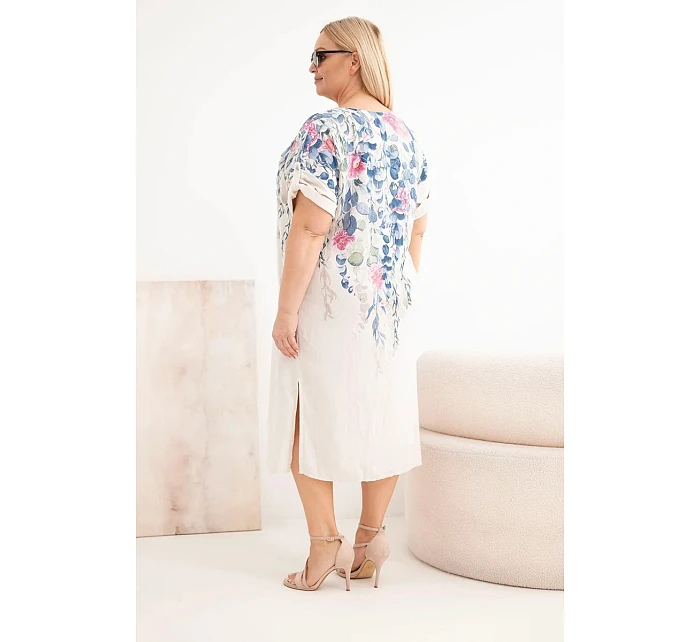 Dámské viskózové šaty plus size s krátkým rukávem a rozparky po stranách béžová