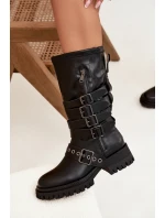 Zateplené dámské kozačky s pásky a přezkami černé model 21710898 - Boto