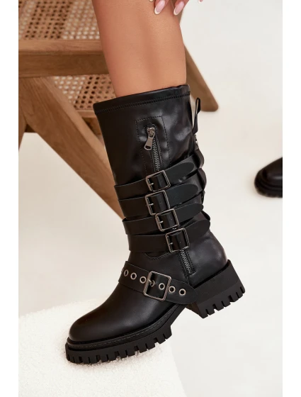 Zateplené dámské kozačky s pásky a přezkami černé model 21710898 - Boto