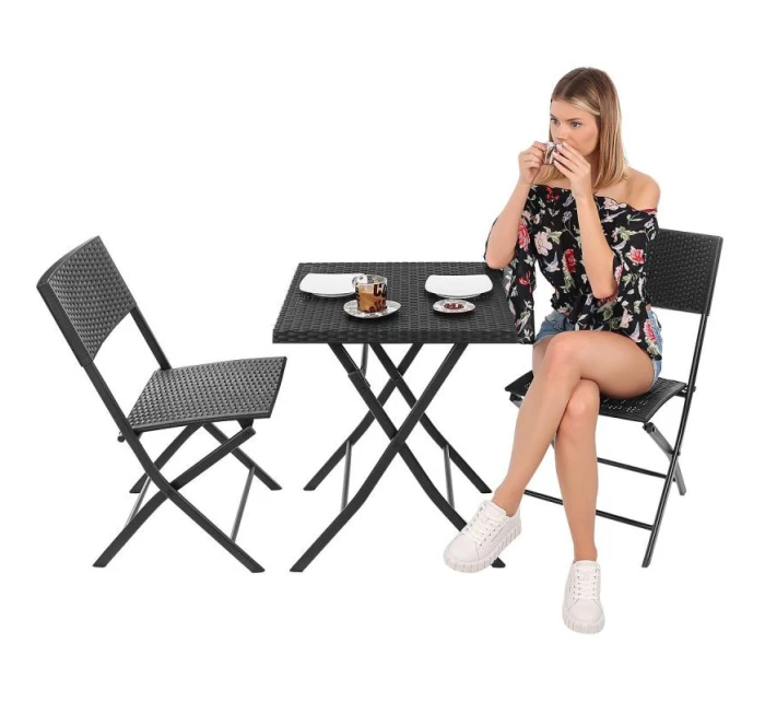 BALKONOVÝ NÁBYTEK SET STŮL 58X58X70CM A 2 ŽIDLE ČERNÁ