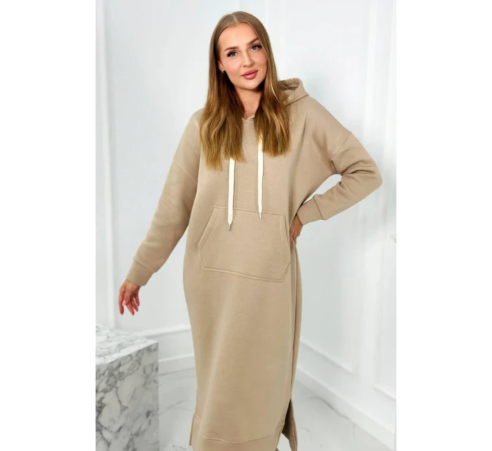 Dlouhé šaty s kapucí světle béžová