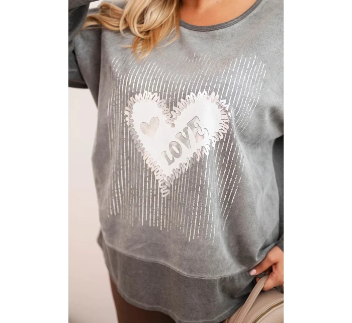 Dámská mikina Plus Size bavlněná s potiskem srdce a šňůrkami grafitová