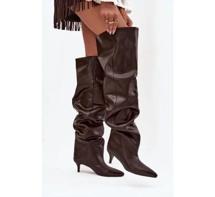 dámské kozačky na podpatku čokoládové model 21713432 - Boto dámské kozačky na podpatku čokoládové model 21713432 - Boto