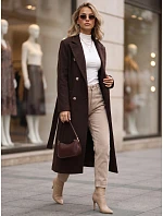 Dlouhý dámský dvouřadý kabát s páskem v čokoládové barvě FashionStreet NY0816 Dlouhý dámský dvouřadý kabát s páskem v čokoládové barvě FashionStreet NY0816