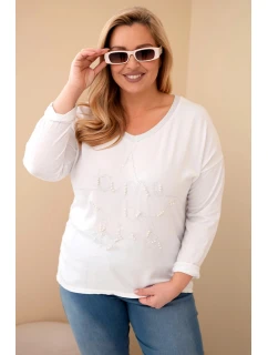 Dámská blůza Plus Size s potiskem a perlami bílá