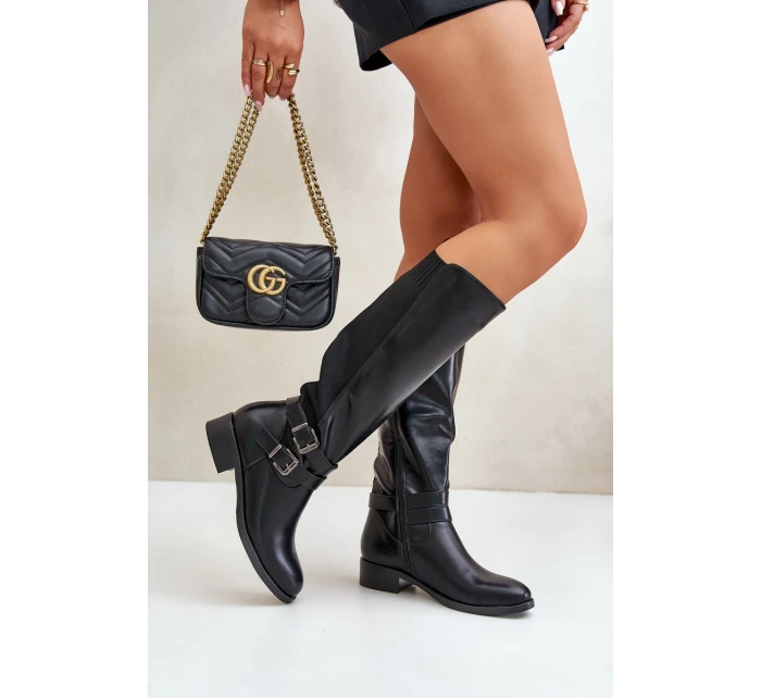 Dámské Kozačky Před Koleno Na Ploché Podpatky S Přezkami Černé Lotina Dámské Kozačky Před Koleno Na Ploché Podpatky S Přezkami Černé Lotina