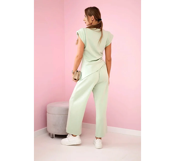 Komplet asymetrická halenka + kalhoty světle mátová