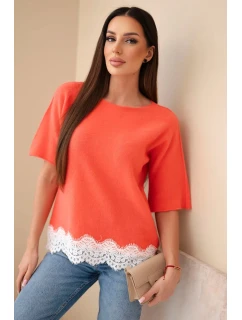 Svetr dámský s krátkým rukávem a krajkou model 21961314 - K-Fashion