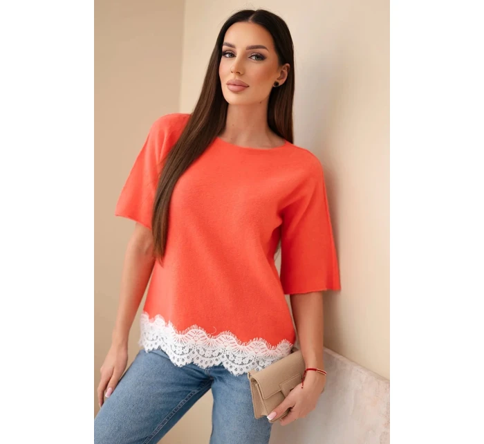 Svetr dámský s krátkým rukávem a krajkou model 21961314 - K-Fashion