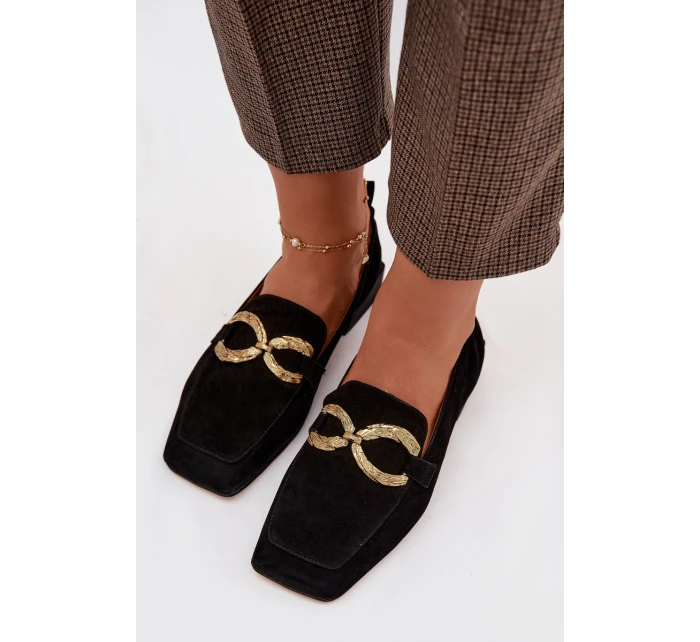 Dámské mokasíny z přírodního semiše zlatý detail D&A model 22031903 Černé - S.Barski