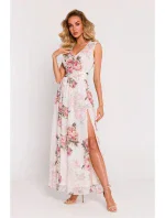 Dámské šifonové šaty model 21105543 model 2 Ecru s květy - Moe Dámské šifonové šaty model 21105543 model 2 Ecru s květy - Moe