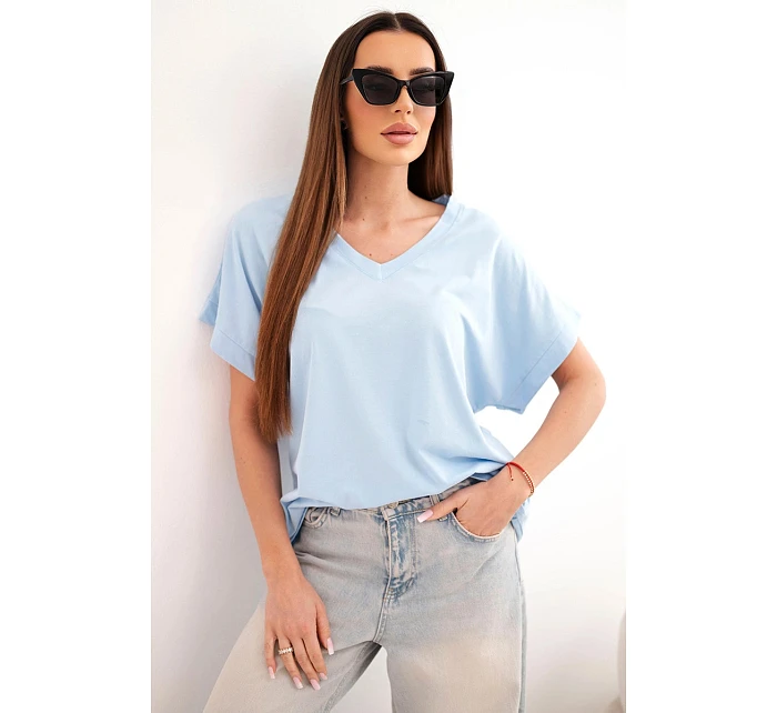 Dámská bavlněná halenka s výstřihem do V a krátkým rukávem modrá