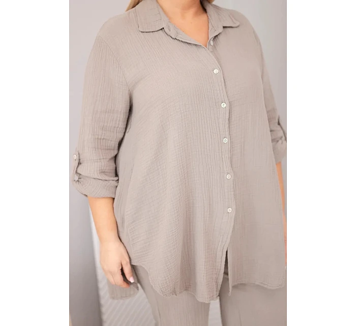 Dámský komplet Plus Size s košilí na knoflíky a kalhotami se širokými nohavicemi fango model 22069917 - K-Fashion