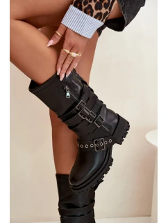 Zateplené dámské kozačky s pásky a přezkami černé model 21710898 - Boto