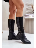 Zateplené Kozačky Na Ploché Podpatku S Ozdobnou Přezkou Černé Leatharia Zateplené Kozačky Na Ploché Podpatku S Ozdobnou Přezkou Černé Leatharia