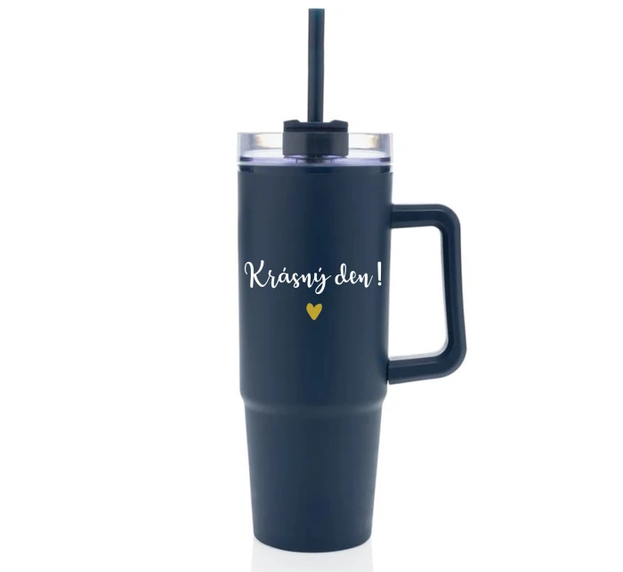 KRÁSNÝ DEN - modrý cestovní termohrnek s průhledným víčkem 900 ml  