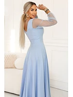 640-5 LORETTA jedinečné dlouhé šaty s tylovými rukávy a výstřihem - modré