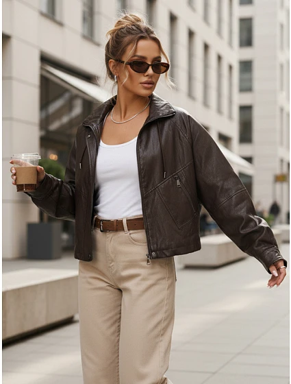 Dámská kožená oversize hnědá bunda FashionStreet TY5663