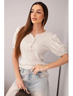 Dámská žebrovaná bavlněná halenka s nadýchaným rukávem a knoflíčky béžová