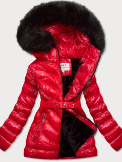 Červená lesklá zimní bunda s mechovitou kožešinou (W673)