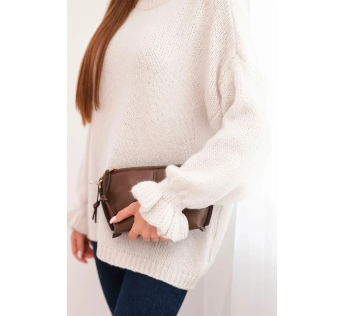 Dámský svetr s přídavkem mohéru a vlny volného střihu béžový Dámský svetr s přídavkem mohéru a vlny volného střihu béžový