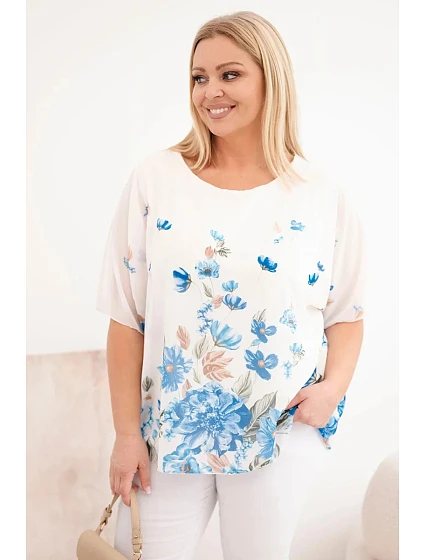 Dámská halenka Plus Size s krátkým rukávem a květinovým potiskem modrá