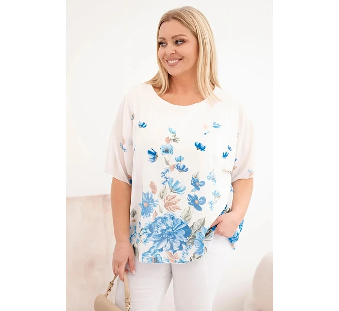 Dámská halenka Plus Size s krátkým rukávem a květinovým potiskem modrá