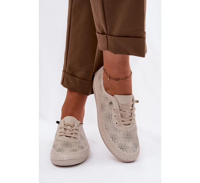 Kožené Ažurové Dámské Polobotky model 22101360 Béžové - S.Barski Kožené Ažurové Dámské Polobotky model 22101360 Béžové - S.Barski