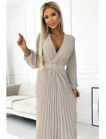 Béžové dámské midi šaty s výstřihem, dlouhými rukávy a širokým opaskem model 19012562 - numoco basic Béžové dámské midi šaty s výstřihem, dlouhými rukávy a širokým opaskem model 19012562 - numoco basic