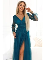 664-2 Dlouhé maxi šaty s tylovými rukávy a obálkovým výstřihem - lahvově zelené 664-2 Dlouhé maxi šaty s tylovými rukávy a obálkovým výstřihem - lahvově zelené