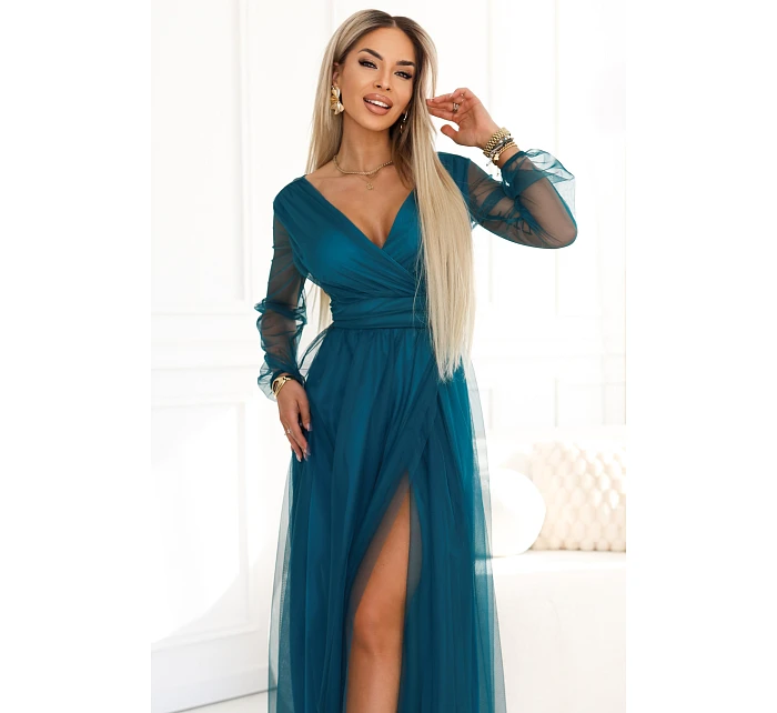 Dlouhé maxi šaty s rukávy a obálkovým výstřihem lahvově zelené model 22045483 - numoco basic