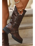 Zateplené dámské kozačky s pásky a přezkami hnědé model 21710891 - Boto