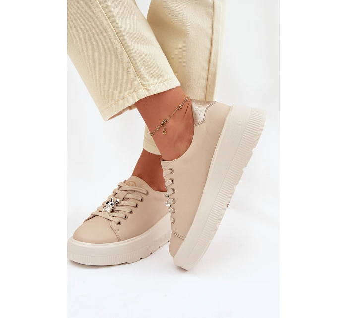 Kožené dámské tenisky na platformě s přezkou Vinceza 39973 Béžové