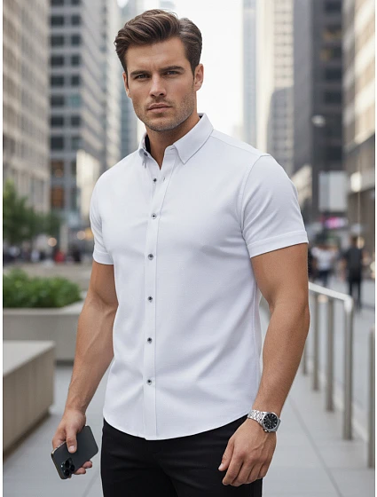 Pánská košile slim fit s krátkým rukávem, bílá, FashionStreet KX1094 Pánská košile slim fit s krátkým rukávem, bílá, FashionStreet KX1094