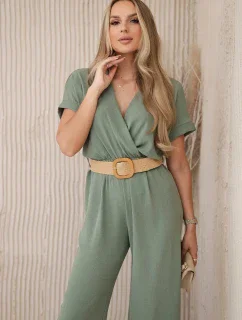 Kombinéza s ozdobným páskem v pase světlá khaki
