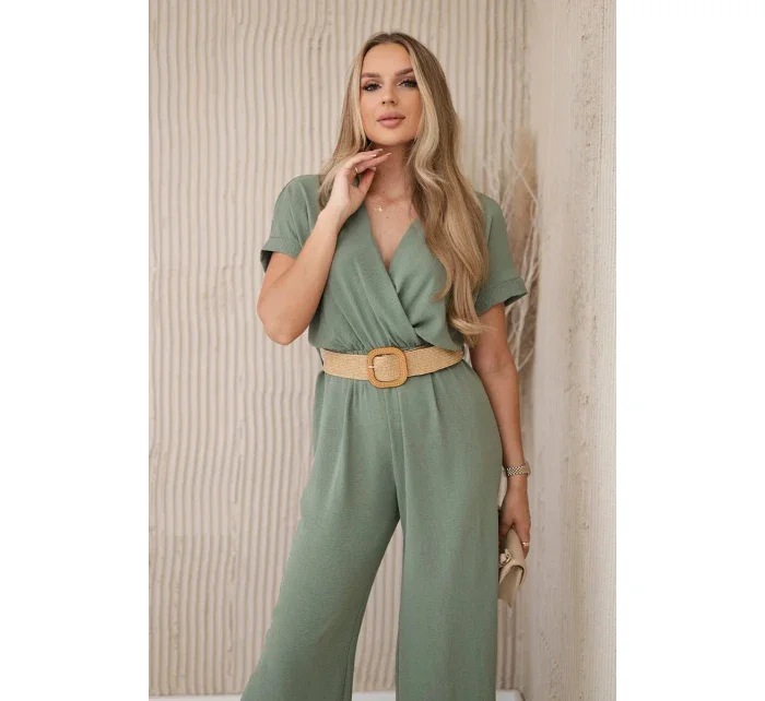 Kombinéza s ozdobným páskem v pase světlá khaki