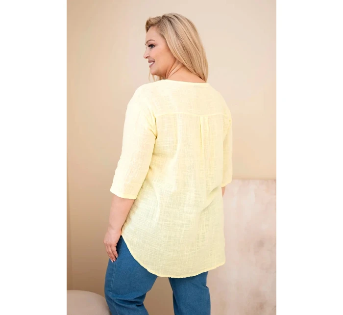 Dámská bavlněná halenka Plus Size s výstřihem na knoflíky žlutá