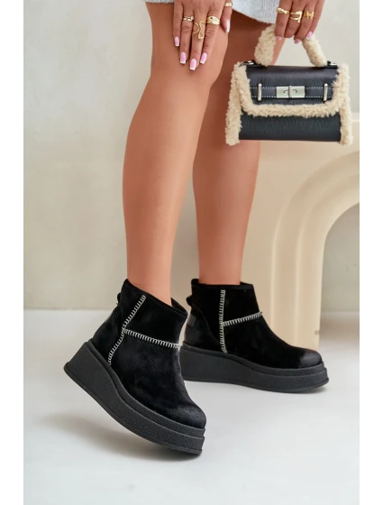 Kožené Semišové Sněhule Boty Na Platformě A Podpatku Hnědé Maciejka 06769-01 Černé