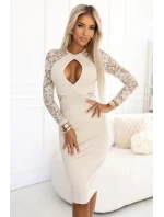 621-1 Tužkové šaty s krajkovými rukávy a smyslným výstřihem - béžové
