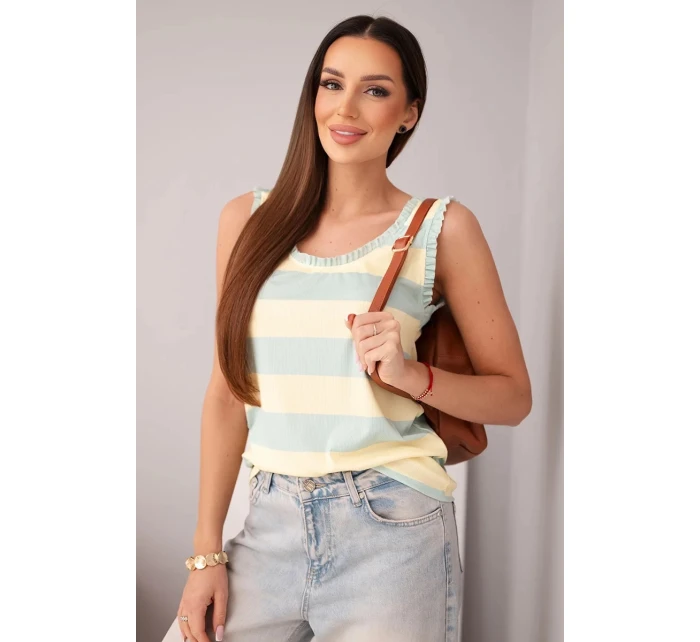 Dámská viskózová bezrukávová blůza v barevných pruzích tmavě mátová + žlutá